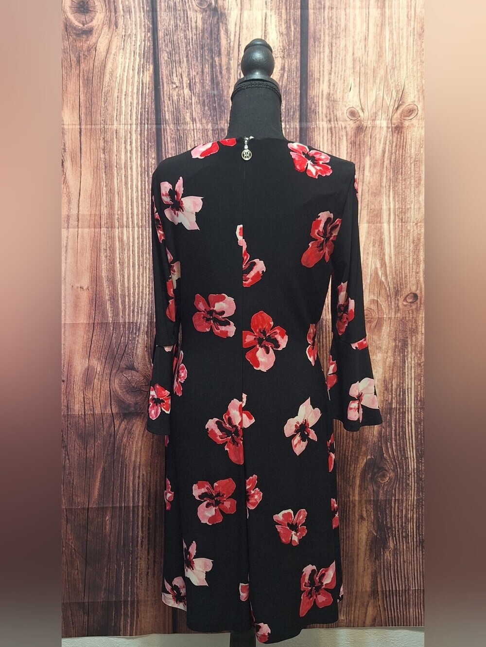 Tommy Hilfiger Black Long Bell Sleeves Midi Dress with Red & Pink Floral Print - Picture 5 of 7
